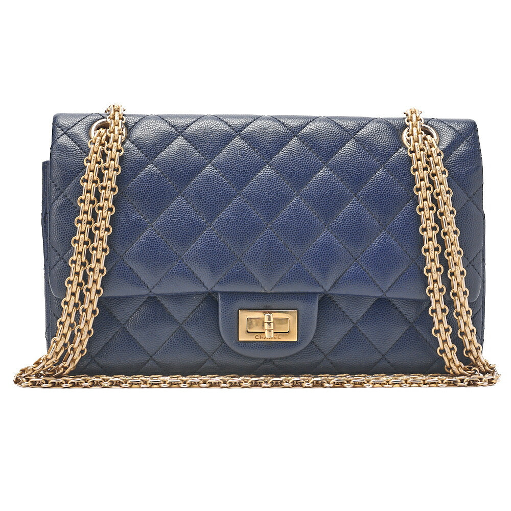 CHANEL Chain Shoulder Bag Matelasse 2.55 Lock Double Flap 2.55 Shoulder Caviar Skin Navy Gold-Tone Hardware, Pre-Owned