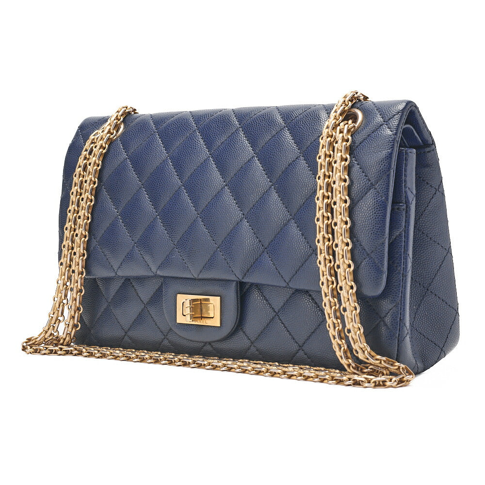 CHANEL Chain Shoulder Bag Matelasse 2.55 Lock Double Flap 2.55 Shoulder Caviar Skin Navy Gold-Tone Hardware, Pre-Owned