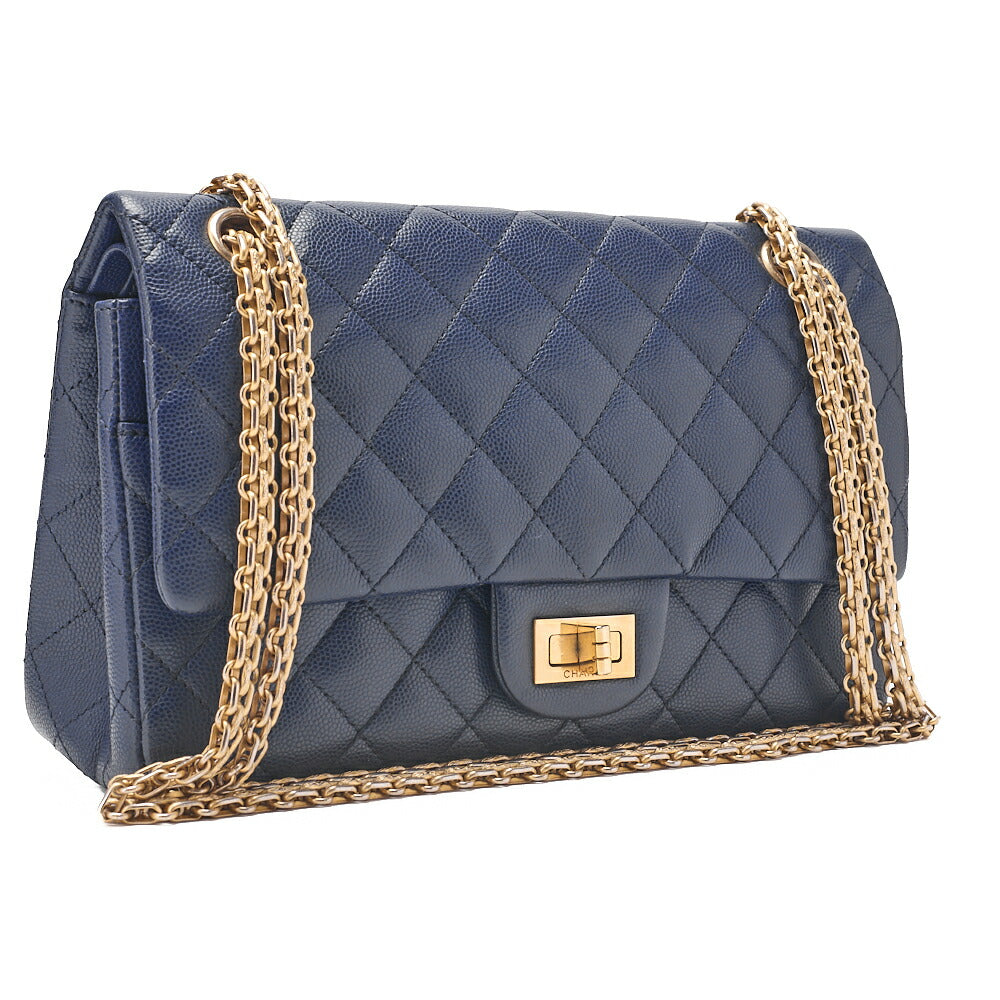 CHANEL Chain Shoulder Bag Matelasse 2.55 Lock Double Flap 2.55 Shoulder Caviar Skin Navy Gold-Tone Hardware, Pre-Owned