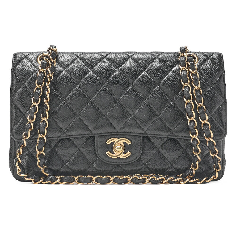 CHANEL Caviar Skin Matrasse 25cm Double Flap Chain Shoulder Black Gold-Tone Hardware, Pre-Owned