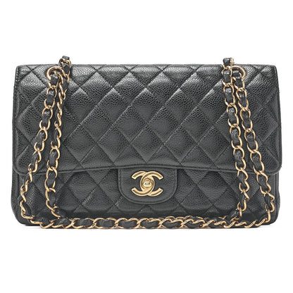 CHANEL Caviar Skin Matrasse 25cm Double Flap Chain Shoulder Black Gold-Tone Hardware, Pre-Owned