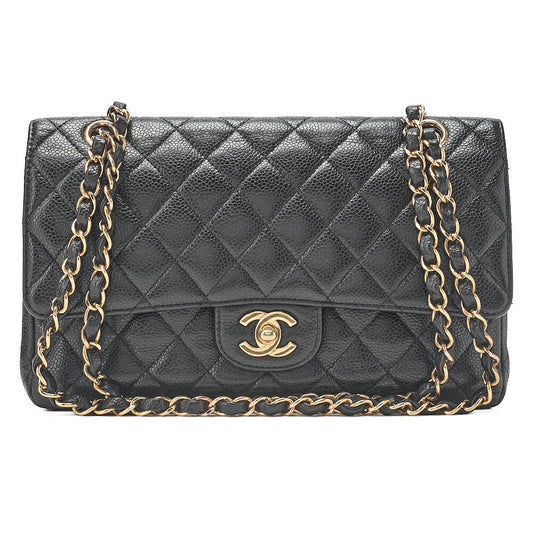 CHANEL Caviar Skin Matrasse 25cm Double Flap Chain Shoulder Black Gold-Tone Hardware, Pre-Owned
