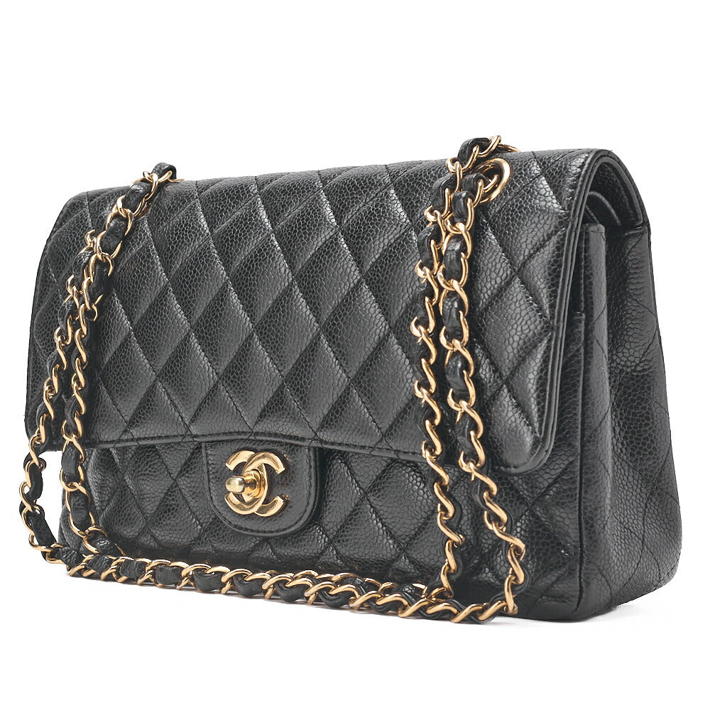 CHANEL Caviar Skin Matrasse 25cm Double Flap Chain Shoulder Black Gold-Tone Hardware, Pre-Owned