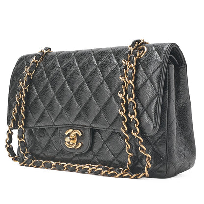 CHANEL Caviar Skin Matrasse 25cm Double Flap Chain Shoulder Black Gold-Tone Hardware, Pre-Owned