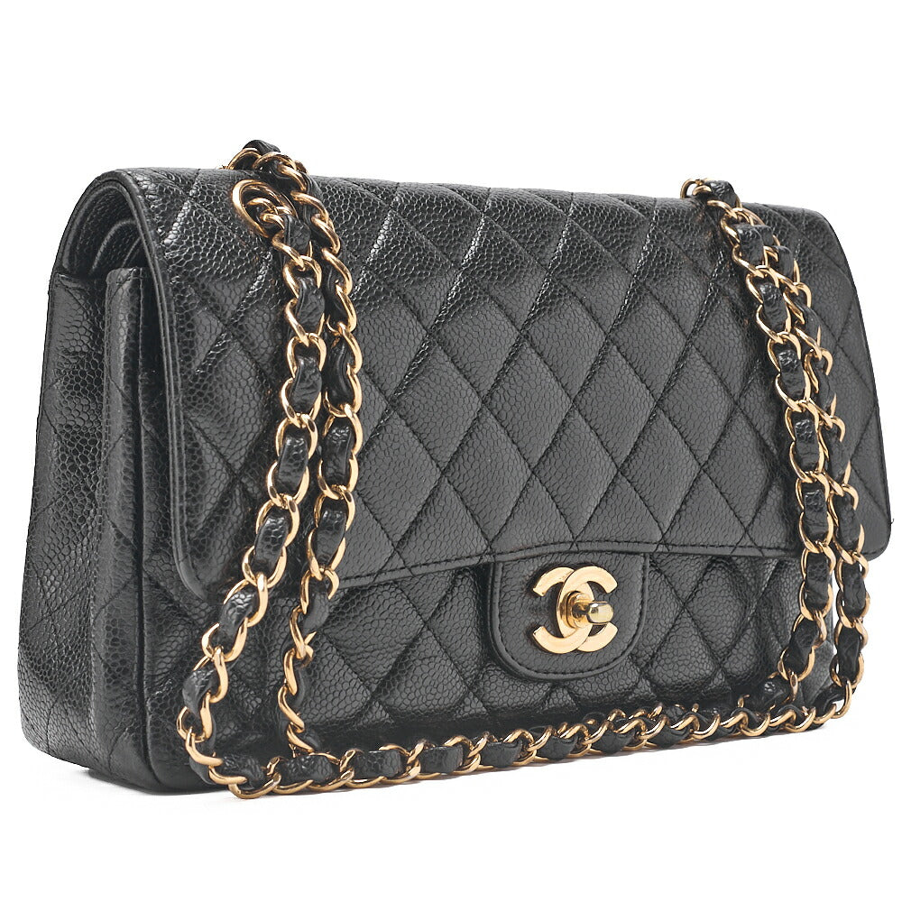 CHANEL Caviar Skin Matrasse 25cm Double Flap Chain Shoulder Black Gold-Tone Hardware, Pre-Owned
