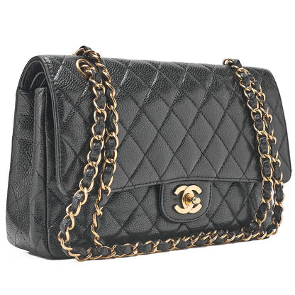 CHANEL Caviar Skin Matrasse 25cm Double Flap Chain Shoulder Black Gold-Tone Hardware, Pre-Owned