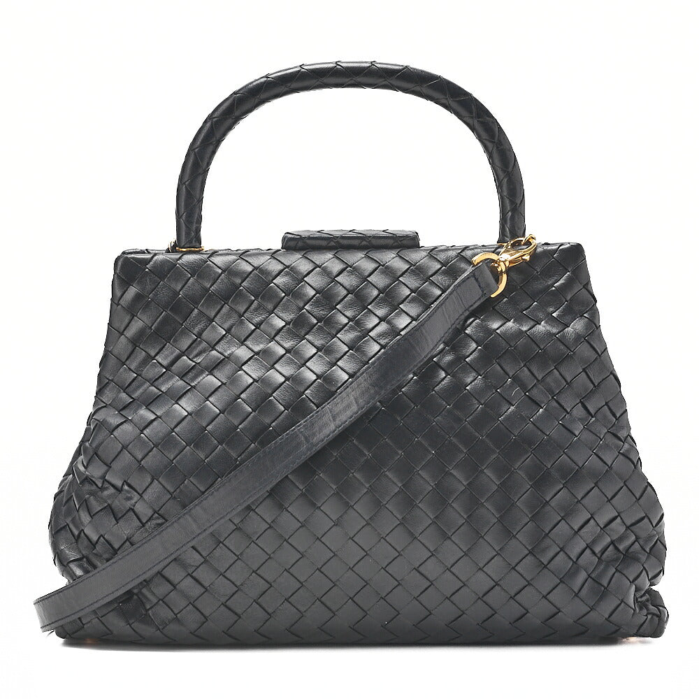 BOTTEGA VENETA ボッテガ ラムスキン イントレチャート マウス 2WAY ハンドバッグ 黒 ゴールド金具 中古