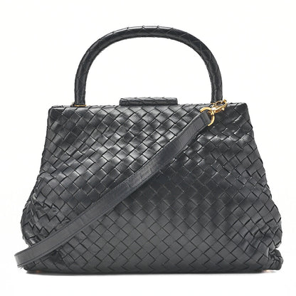 BOTTEGA VENETA ボッテガ ラムスキン イントレチャート マウス 2WAY ハンドバッグ 黒 ゴールド金具 中古