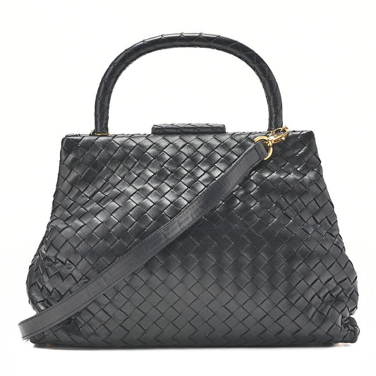 BOTTEGA VENETA Bottega Lambskin Intrecciato Mouth 2-Way Handbag Black Gold-Tone Hardware, Pre-Owned