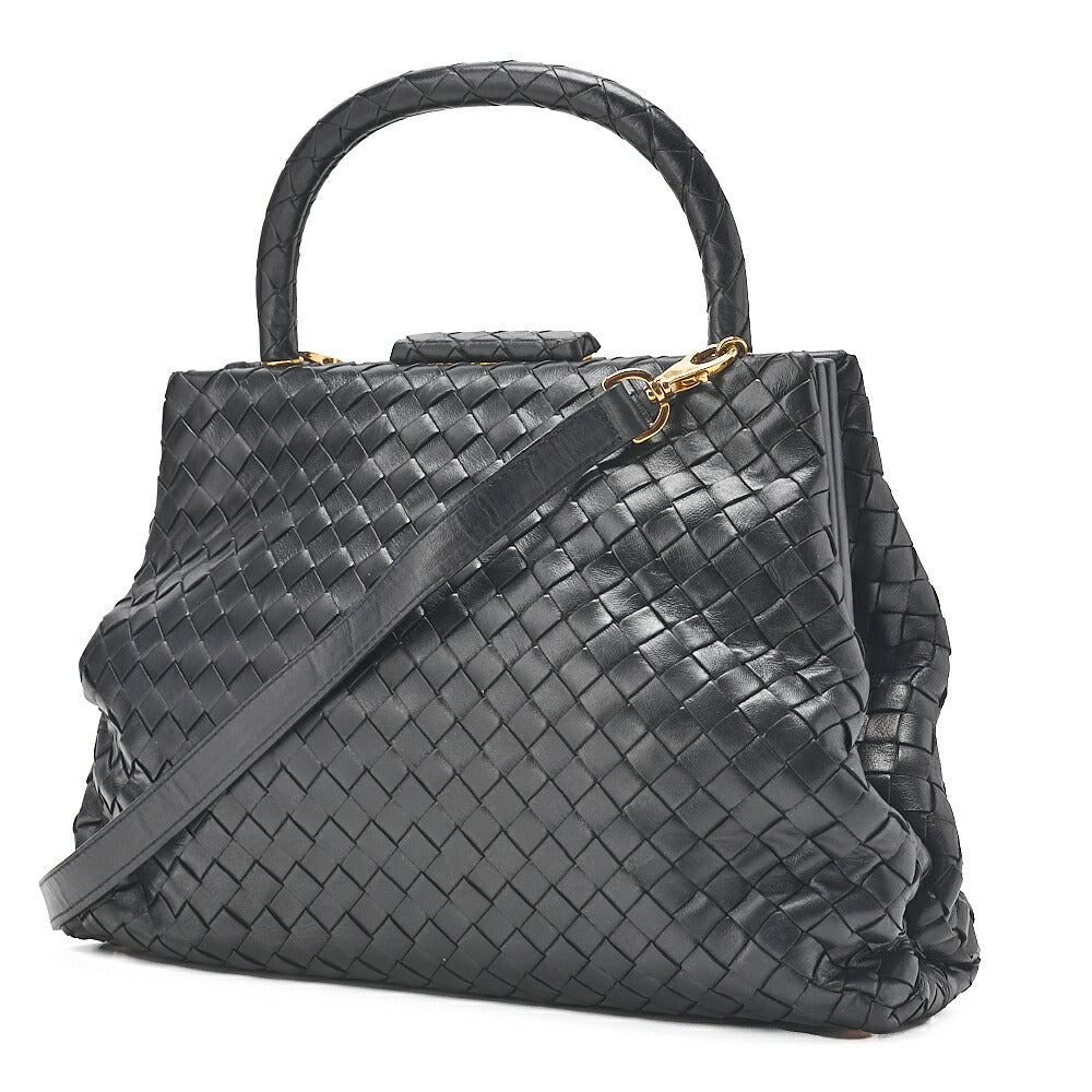 BOTTEGA VENETA ボッテガ ラムスキン イントレチャート マウス 2WAY ハンドバッグ 黒 ゴールド金具 中古