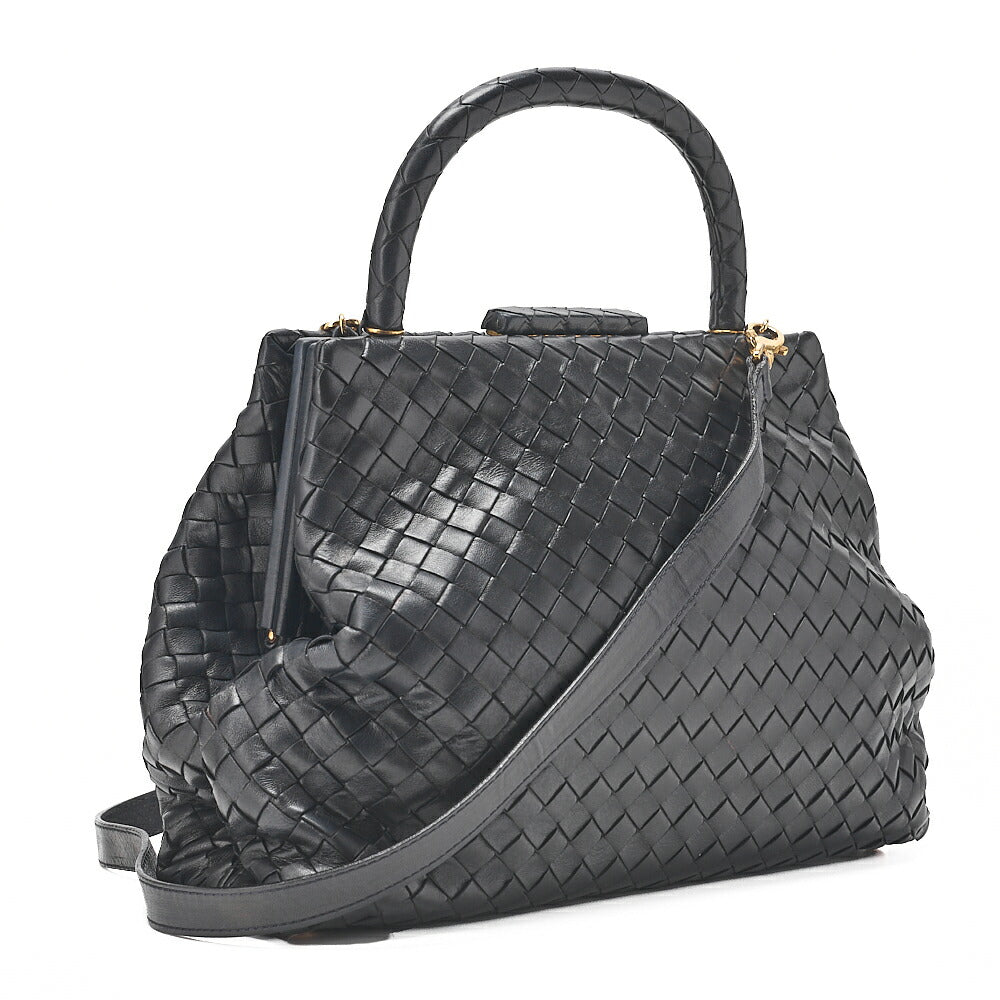 BOTTEGA VENETA ボッテガ ラムスキン イントレチャート マウス 2WAY ハンドバッグ 黒 ゴールド金具 中古