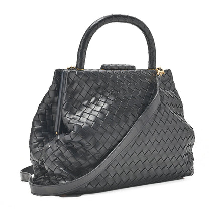 BOTTEGA VENETA ボッテガ ラムスキン イントレチャート マウス 2WAY ハンドバッグ 黒 ゴールド金具 中古