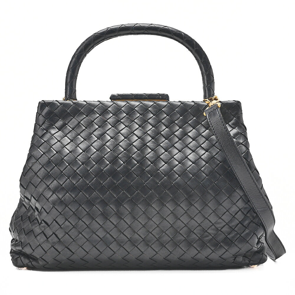 BOTTEGA VENETA ボッテガ ラムスキン イントレチャート マウス 2WAY ハンドバッグ 黒 ゴールド金具 中古