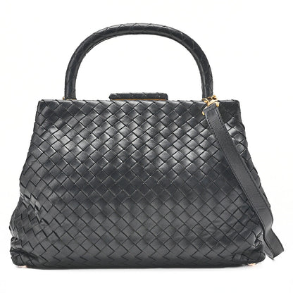 BOTTEGA VENETA ボッテガ ラムスキン イントレチャート マウス 2WAY ハンドバッグ 黒 ゴールド金具 中古