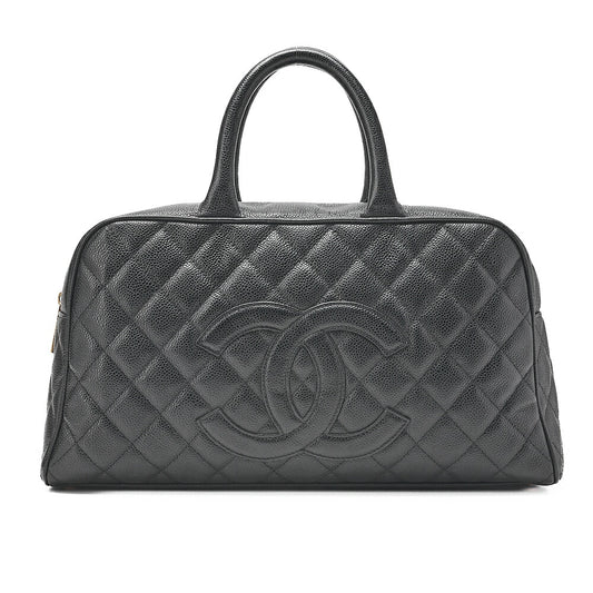 CHANEL Handbag Boston Bag Caviar Skin Matelasse Cocomark Black Gold-Tone Hardware, Pre-Owned