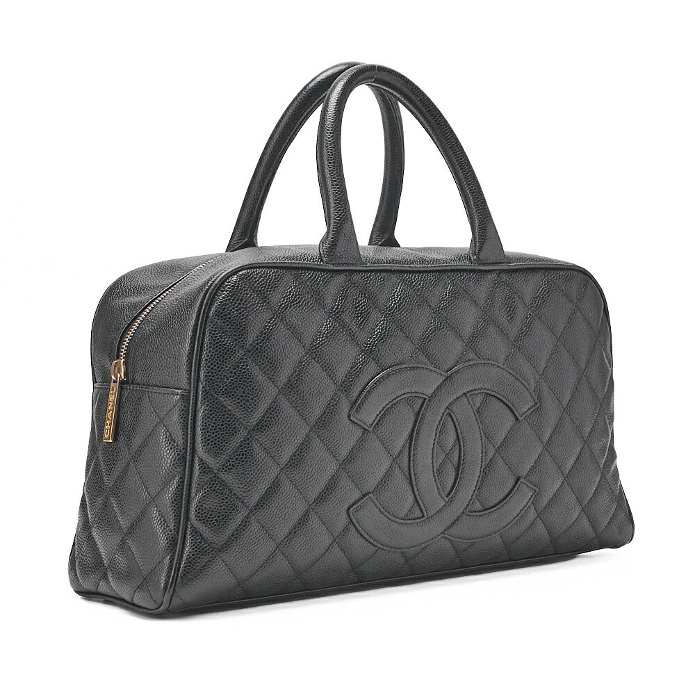 CHANEL Handbag Boston Bag Caviar Skin Matelasse Cocomark Black Gold-Tone Hardware, Pre-Owned