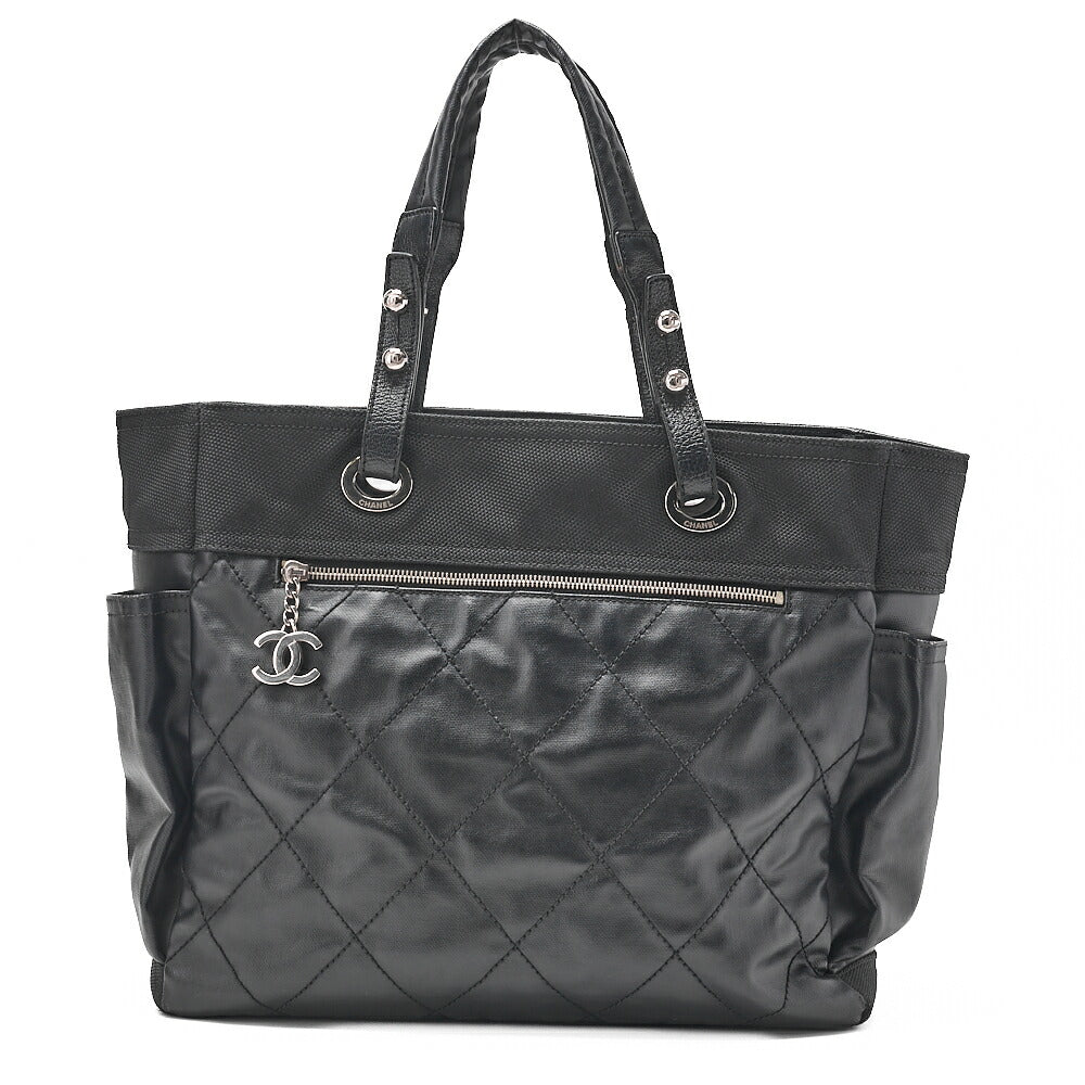 CHANEL トートバッグ コーティングキャンバス パリビアリッツGM ココチャーム 黒 シルバー金具 中古