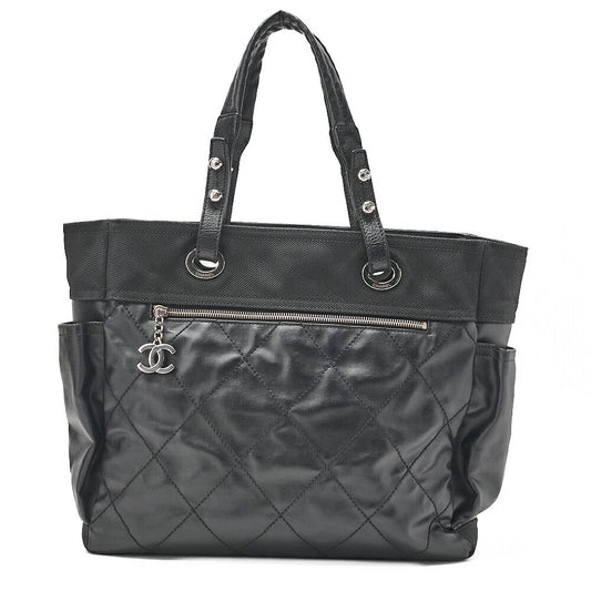CHANEL Tote Bag Coated Canvas Paris Biarritz GM Coco Charm Black Silver-Tone Hardware, Pre-Owned
