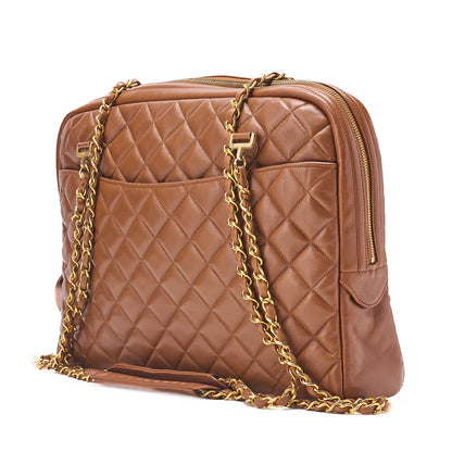 CHANEL マトラッセ プルチャーム ラウンドダブルチェーン ショルダーバッグ ラムスキン ブラウン ゴールド金具, 中古品