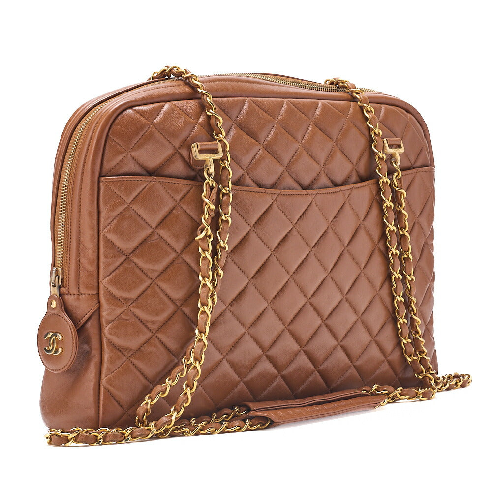CHANEL マトラッセ プルチャーム ラウンドダブルチェーン ショルダーバッグ ラムスキン ブラウン ゴールド金具, 中古品