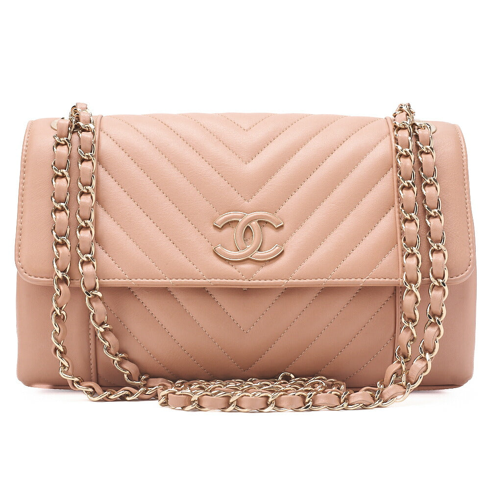 CHANEL V-Stitch Push Lock Coco Mark Chain Shoulder Calfskin Beige Gold-Tone Hardware, Pre-Owned
