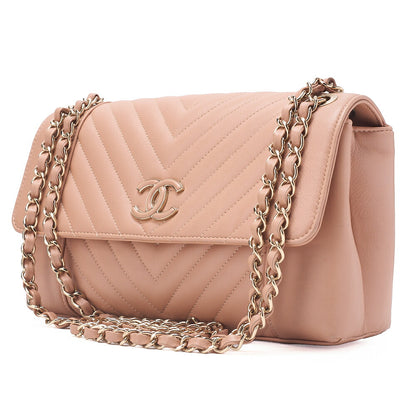 CHANEL V-Stitch Push Lock Coco Mark Chain Shoulder Calfskin Beige Gold-Tone Hardware, Pre-Owned