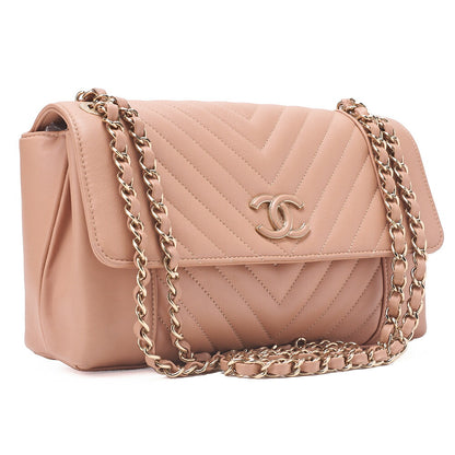 CHANEL V-Stitch Push Lock Coco Mark Chain Shoulder Calfskin Beige Gold-Tone Hardware, Pre-Owned