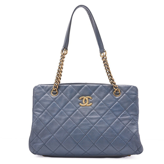CHANEL Chain Tote Bag Cocomark Matrasse Lambskin Navy Gold-Tone Hardware, Pre-Owned