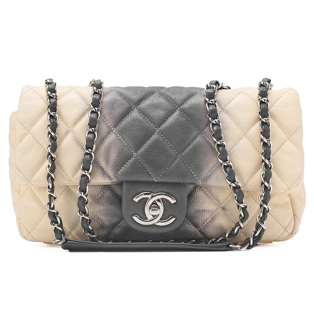 CHANEL キャビアスキン マトラッセ 25cm シングル フラップ チェーンショルダー ベージュ X グレー シルバー金具 中古