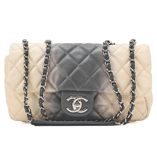 CHANEL Caviar Skin Matelasse 25cm Single Flap Chain Shoulder Beige X Grey Silver-Tone Hardware, Pre-Owned
