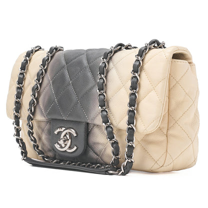 CHANEL キャビアスキン マトラッセ 25cm シングル フラップ チェーンショルダー ベージュ X グレー シルバー金具 中古