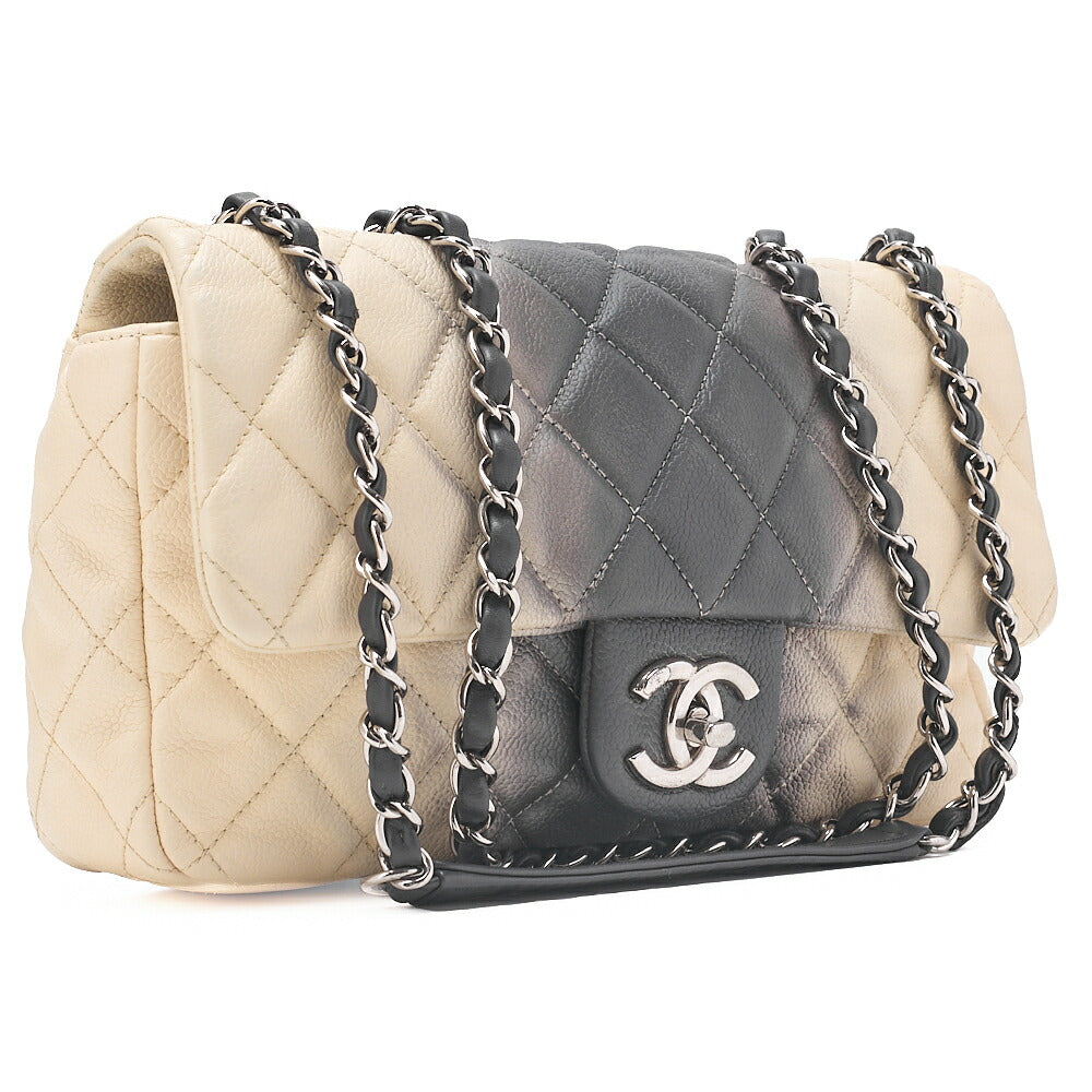CHANEL キャビアスキン マトラッセ 25cm シングル フラップ チェーンショルダー ベージュ X グレー シルバー金具 中古