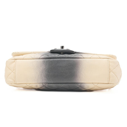 CHANEL キャビアスキン マトラッセ 25cm シングル フラップ チェーンショルダー ベージュ X グレー シルバー金具 中古