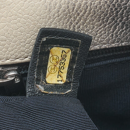 CHANEL キャビアスキン マトラッセ 25cm シングル フラップ チェーンショルダー ベージュ X グレー シルバー金具 中古