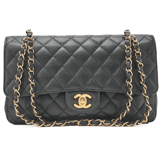CHANEL Caviar Skin Matrasse 25cm Double Flap Chain Shoulder Black Gold-Tone Hardware, Pre-Owned