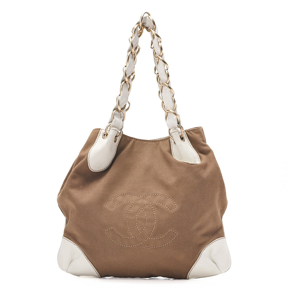 CHANEL Canvas X Leather Coco Mark Giant Chain Tote Khaki Green X White Gold-Tone Hardware, Pre-Owned
