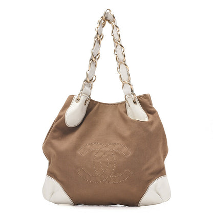 CHANEL Canvas X Leather Coco Mark Giant Chain Tote Khaki Green X White Gold-Tone Hardware, Pre-Owned