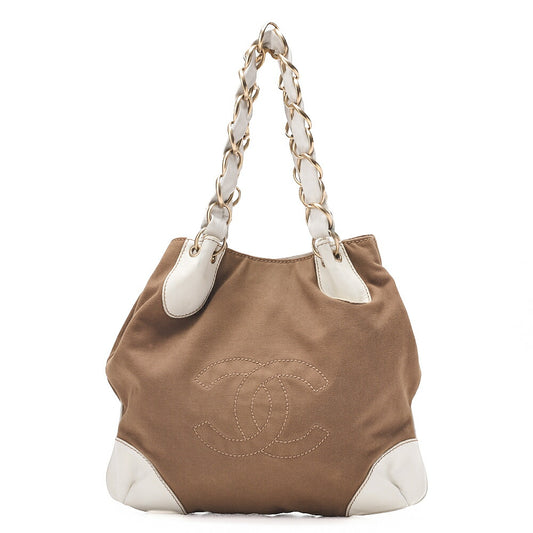 CHANEL Canvas X Leather Coco Mark Giant Chain Tote Khaki Green X White Gold-Tone Hardware, Pre-Owned