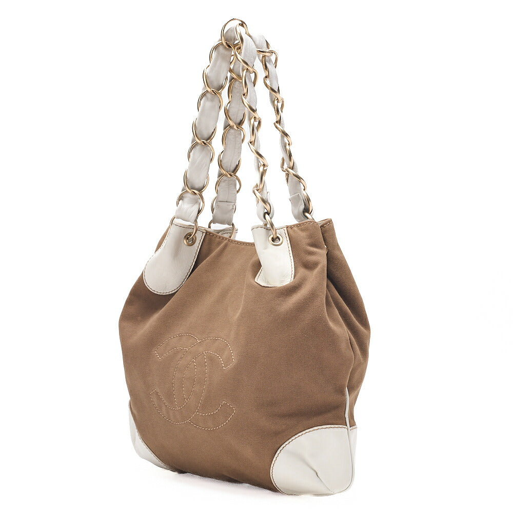 CHANEL Canvas X Leather Coco Mark Giant Chain Tote Khaki Green X White Gold-Tone Hardware, Pre-Owned