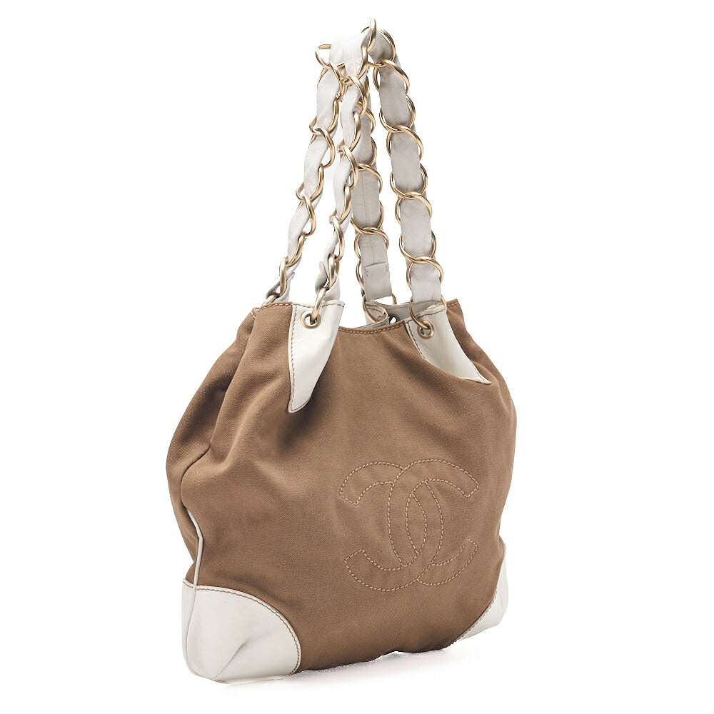CHANEL Canvas X Leather Coco Mark Giant Chain Tote Khaki Green X White Gold-Tone Hardware, Pre-Owned