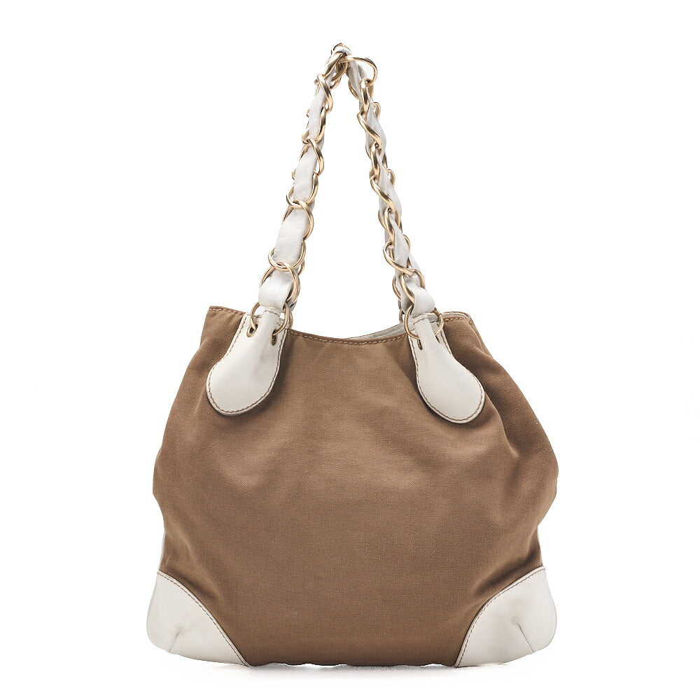 CHANEL Canvas X Leather Coco Mark Giant Chain Tote Khaki Green X White Gold-Tone Hardware, Pre-Owned