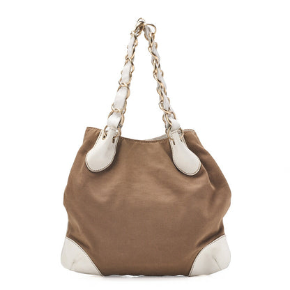 CHANEL Canvas X Leather Coco Mark Giant Chain Tote Khaki Green X White Gold-Tone Hardware, Pre-Owned