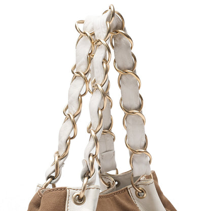 CHANEL Canvas X Leather Coco Mark Giant Chain Tote Khaki Green X White Gold-Tone Hardware, Pre-Owned