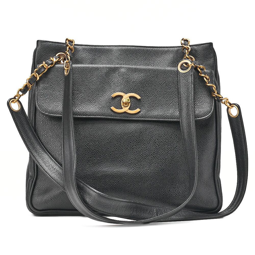 CHANEL Caviar Skin Outside Flap Chain Tote Black Gold-Tone Hardware, Pre-Owned