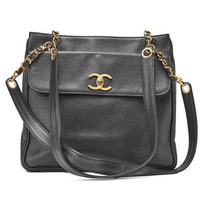 CHANEL Caviar Skin Outside Flap Chain Tote Black Gold-Tone Hardware, Pre-Owned