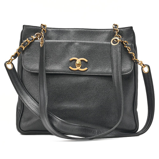 CHANEL Caviar Skin Outside Flap Chain Tote Black Gold-Tone Hardware, Pre-Owned