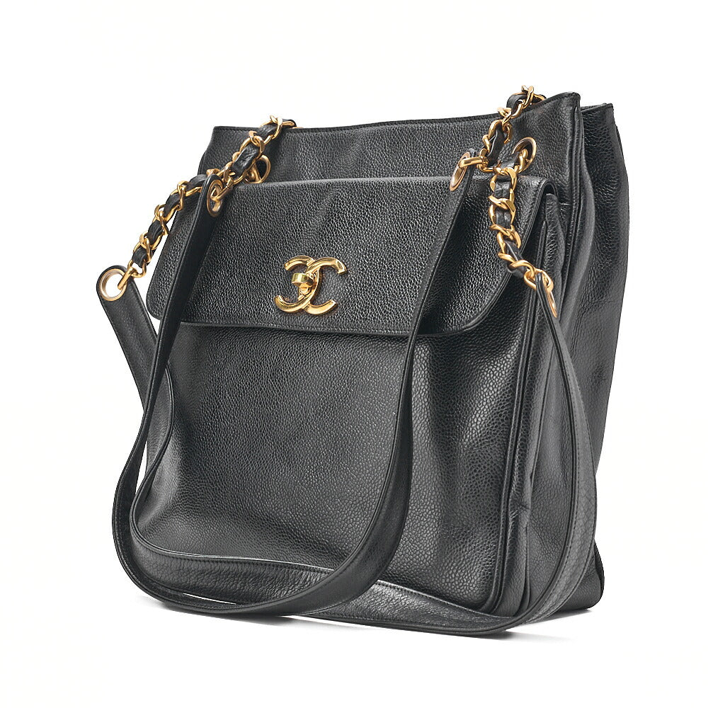 CHANEL Caviar Skin Outside Flap Chain Tote Black Gold-Tone Hardware, Pre-Owned