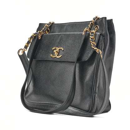 CHANEL Caviar Skin Outside Flap Chain Tote Black Gold-Tone Hardware, Pre-Owned