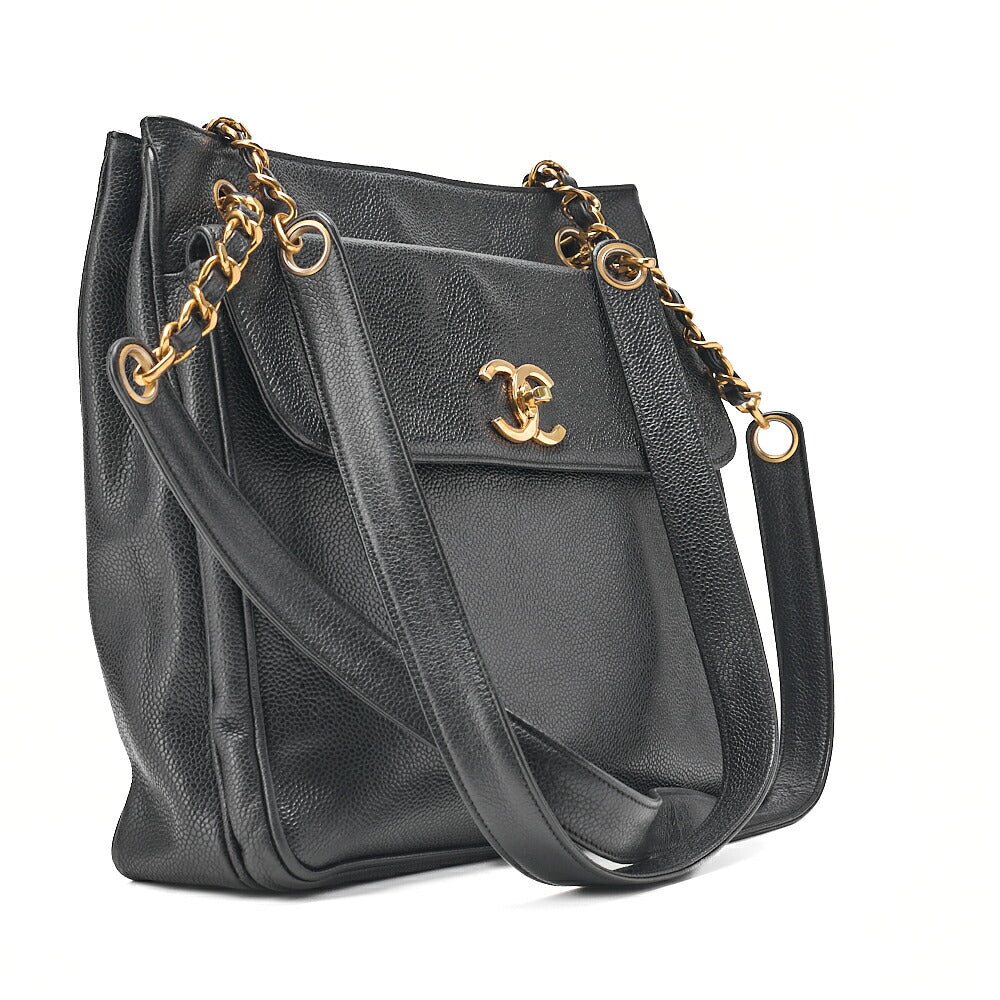 CHANEL Caviar Skin Outside Flap Chain Tote Black Gold-Tone Hardware, Pre-Owned