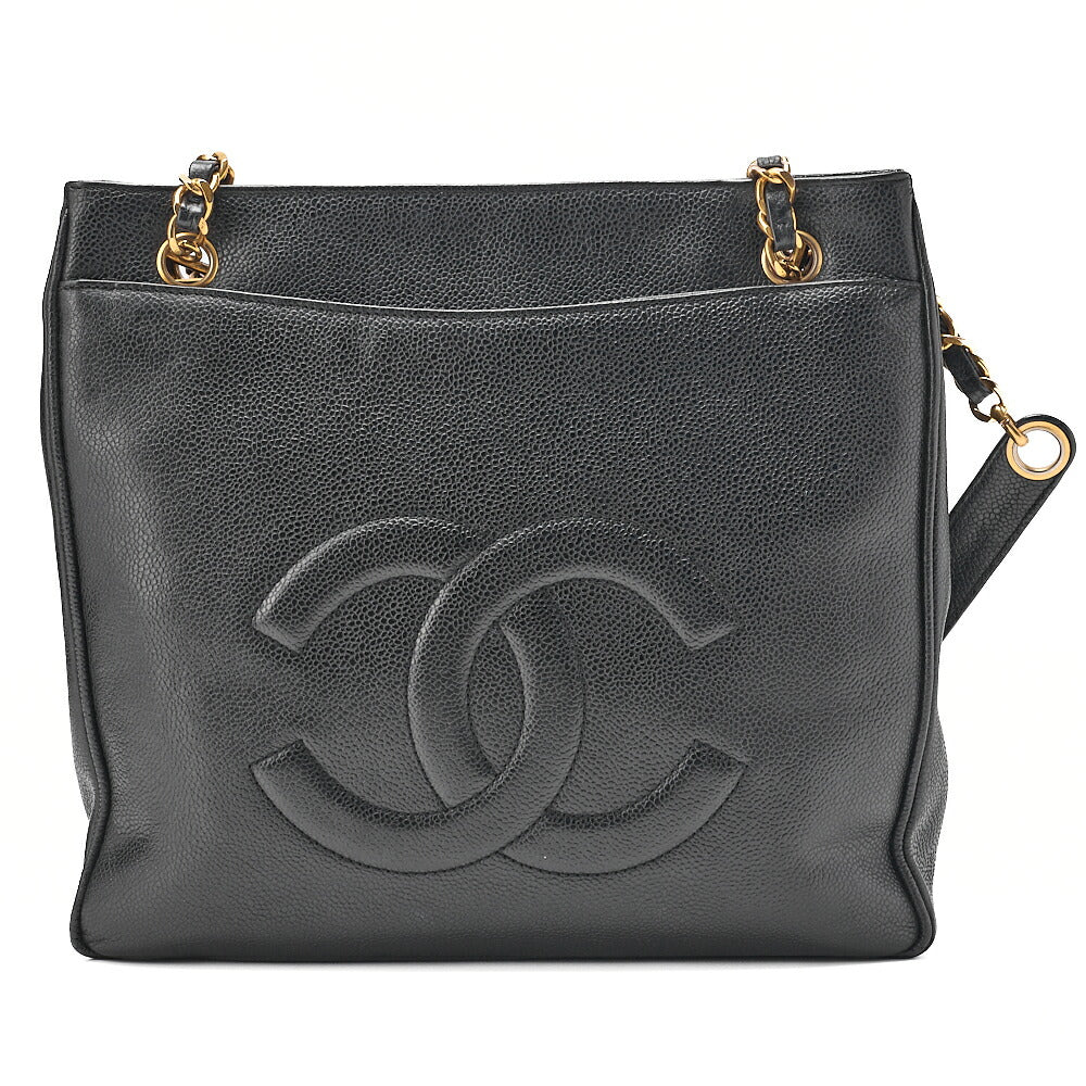 CHANEL Caviar Skin Outside Flap Chain Tote Black Gold-Tone Hardware, Pre-Owned